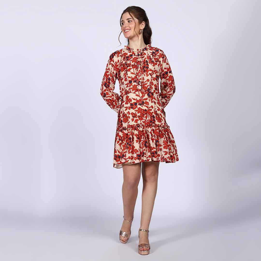 Saint Meliora ivory red floral mini dress for women UK, front view with tiered hem.