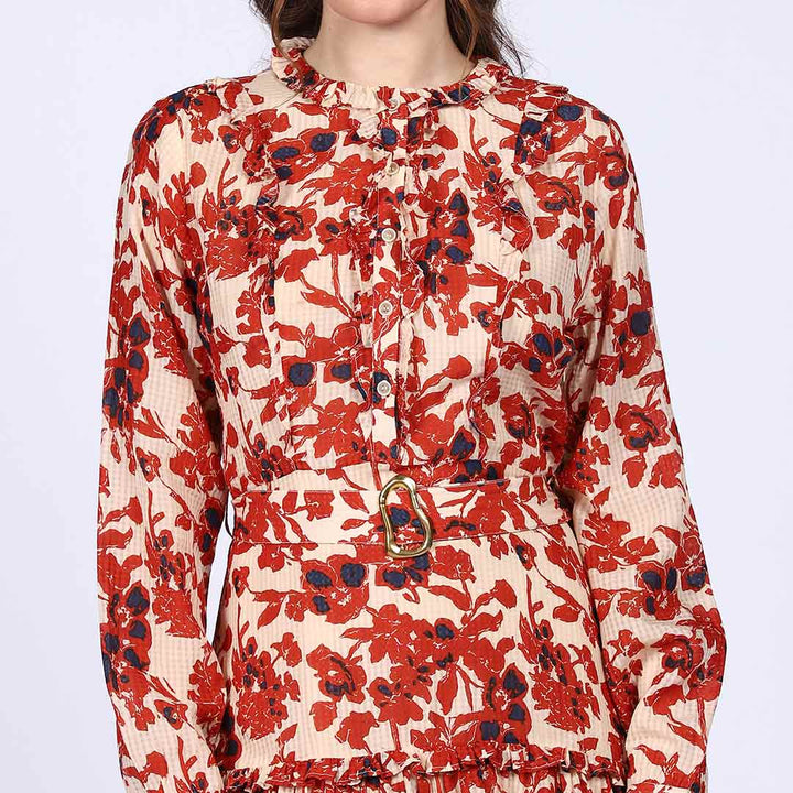 Close-up of belted waist on Saint Meliora ivory red floral mini dress for women UK.