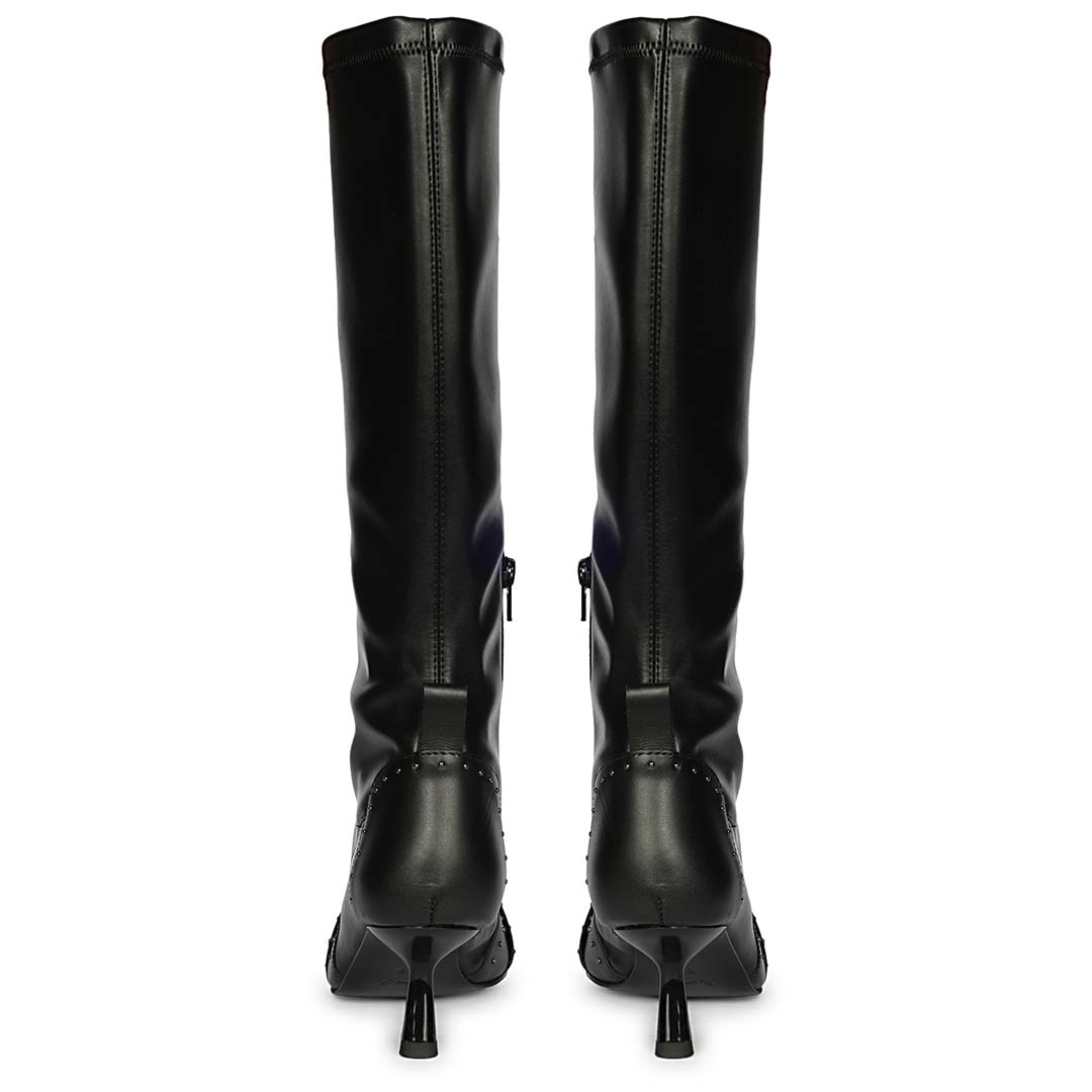 Women's Saint Meribel studded long boots, back pair view showing zip and kitten heel