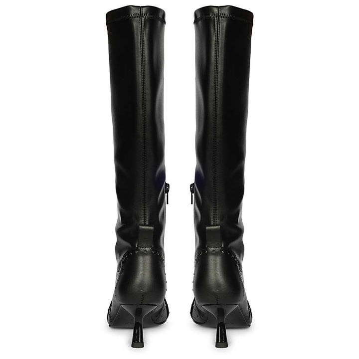 Women's Saint Meribel studded long boots, back pair view showing zip and kitten heel