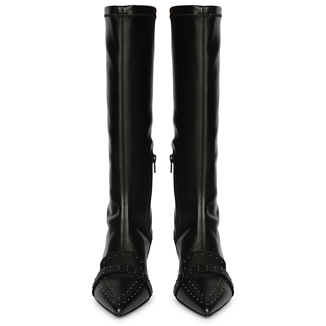 Saint Meribel black leather long boots for women, front pair view of studded pointed toe