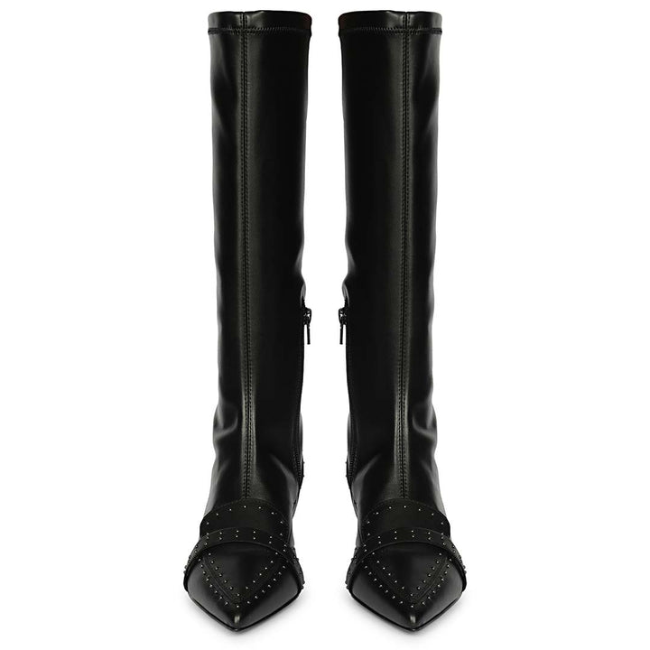 Saint Meribel black leather long boots for women, front pair view of studded pointed toe