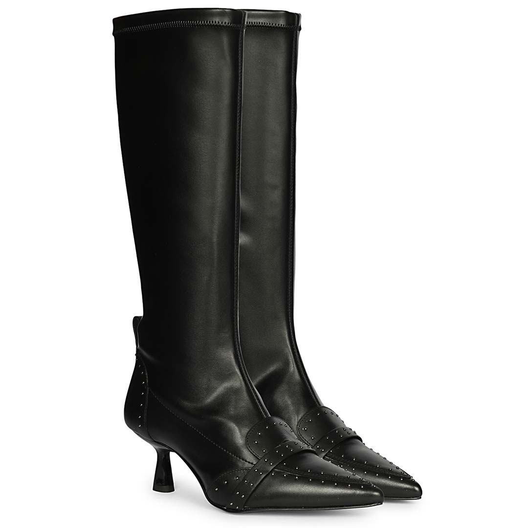 Saint Meribel studded black long boots for women UK, pair view showing kitten heel and pointed toe