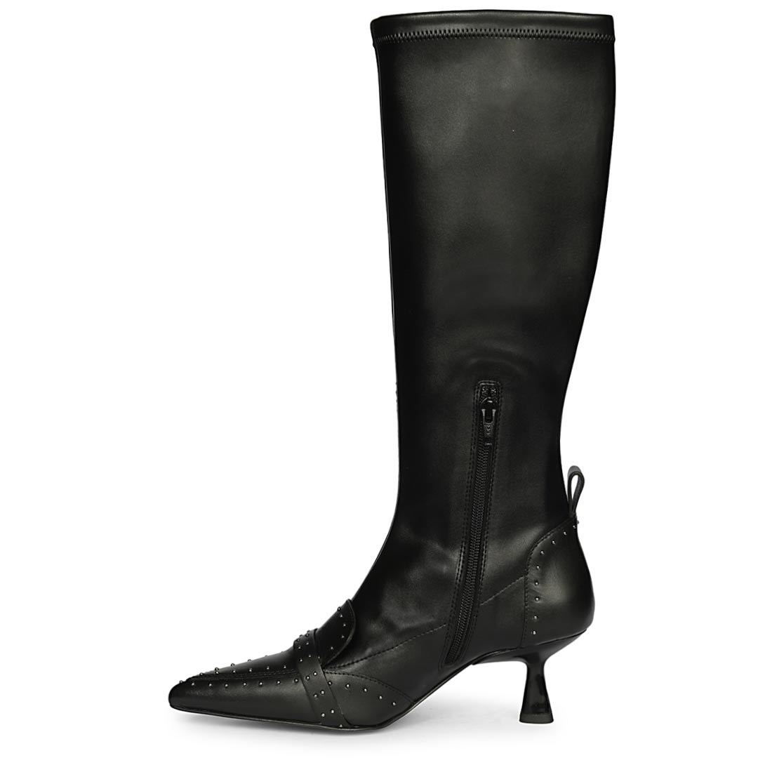 Saint Meribel black knee high boots, side view showing inner zip closure