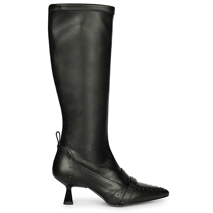 Saint Meribel studded black knee high boots for women, side view of kitten heel with studded pointed toe