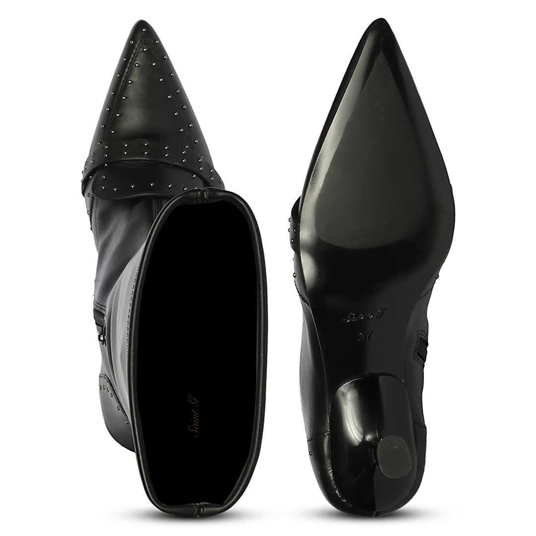 Saint Meribel studded black boots, interior and sole view