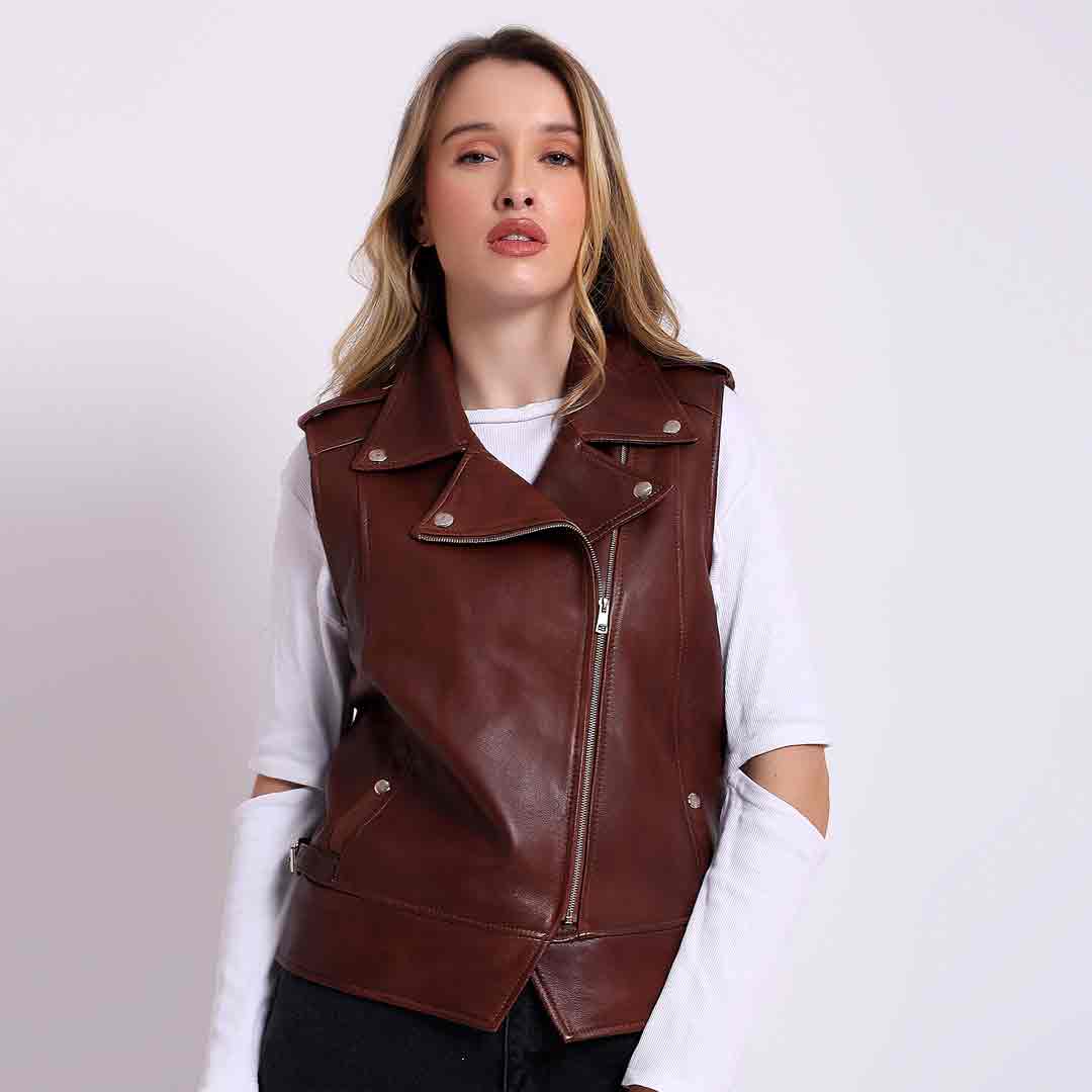 Saint Micaela burgundy leather moto vest for women UK, front view with notched collar