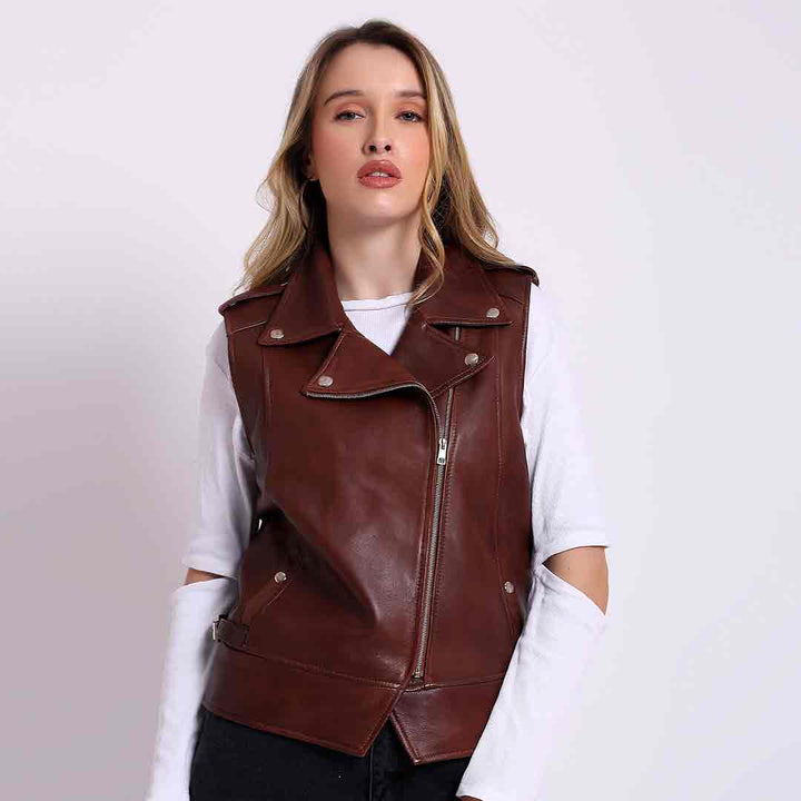 Saint Micaela burgundy leather moto vest for women UK, front view with notched collar
