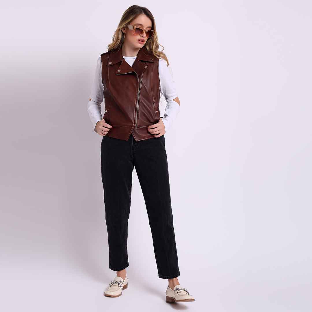 Burgundy leather moto vest for women UK, styled full-length lifestyle shot