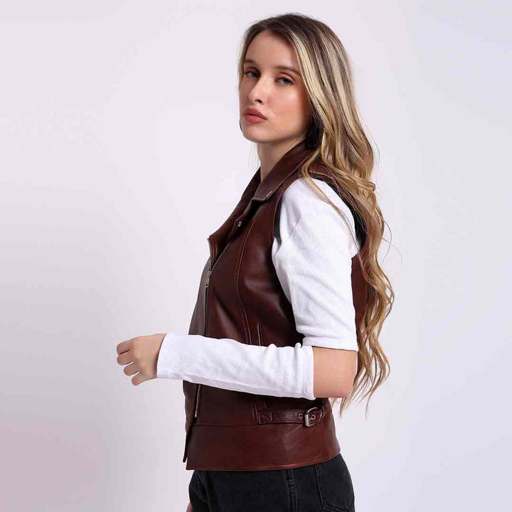 Saint Micaela burgundy leather moto vest UK, side view showing belt buckle