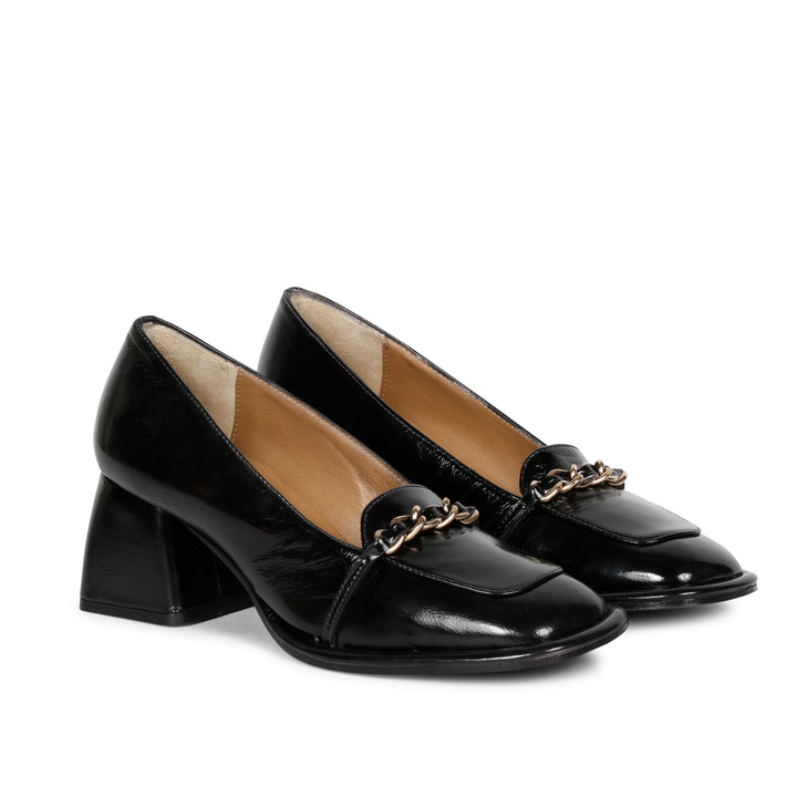 Best Saint Mirielle black patent leather block-heel moccasins, angled pair view — Women's Ladies shoes UK