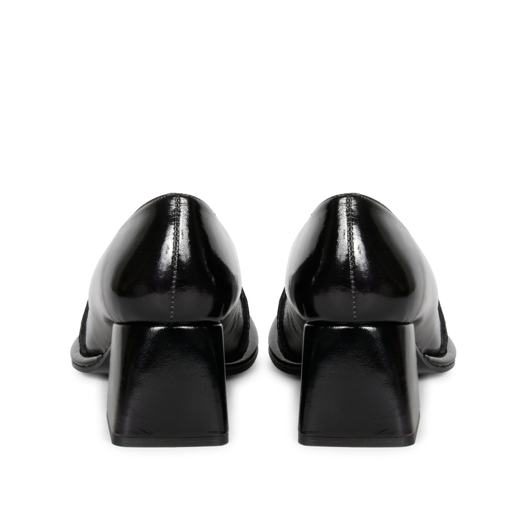 Saint Mirielle black patent leather block-heel moccasins, back pair view of block heel — best Women's Ladies shoes UK