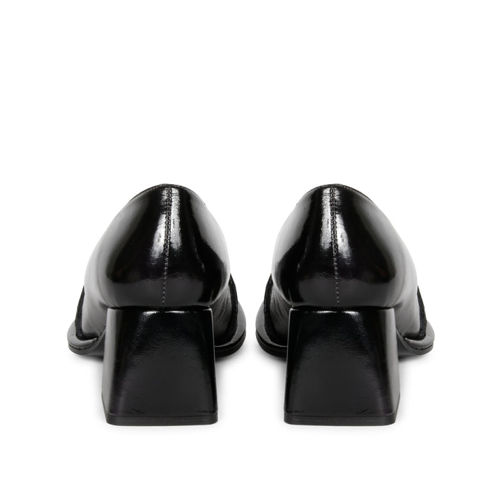 Saint Mirielle black patent leather block-heel moccasins, back pair view of block heel — best Women's Ladies shoes UK