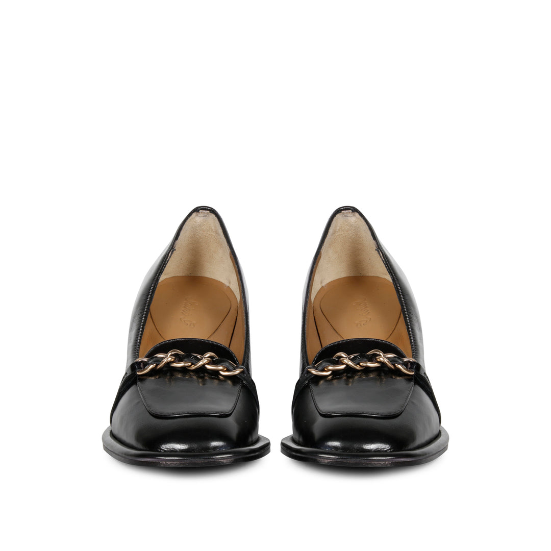 Best Ladies Saint Mirielle black patent leather block-heel moccasins, front pair view with chain trim — Women's shoes UK