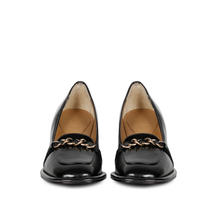Best Ladies Saint Mirielle black patent leather block-heel moccasins, front pair view with chain trim — Women's shoes UK