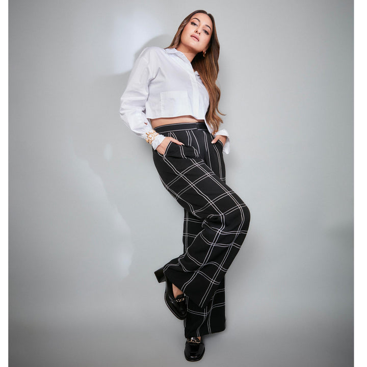 Women's Saint Mirielle black patent leather block-heel moccasins, styled on model with tailored trousers — best Ladies shoes UK