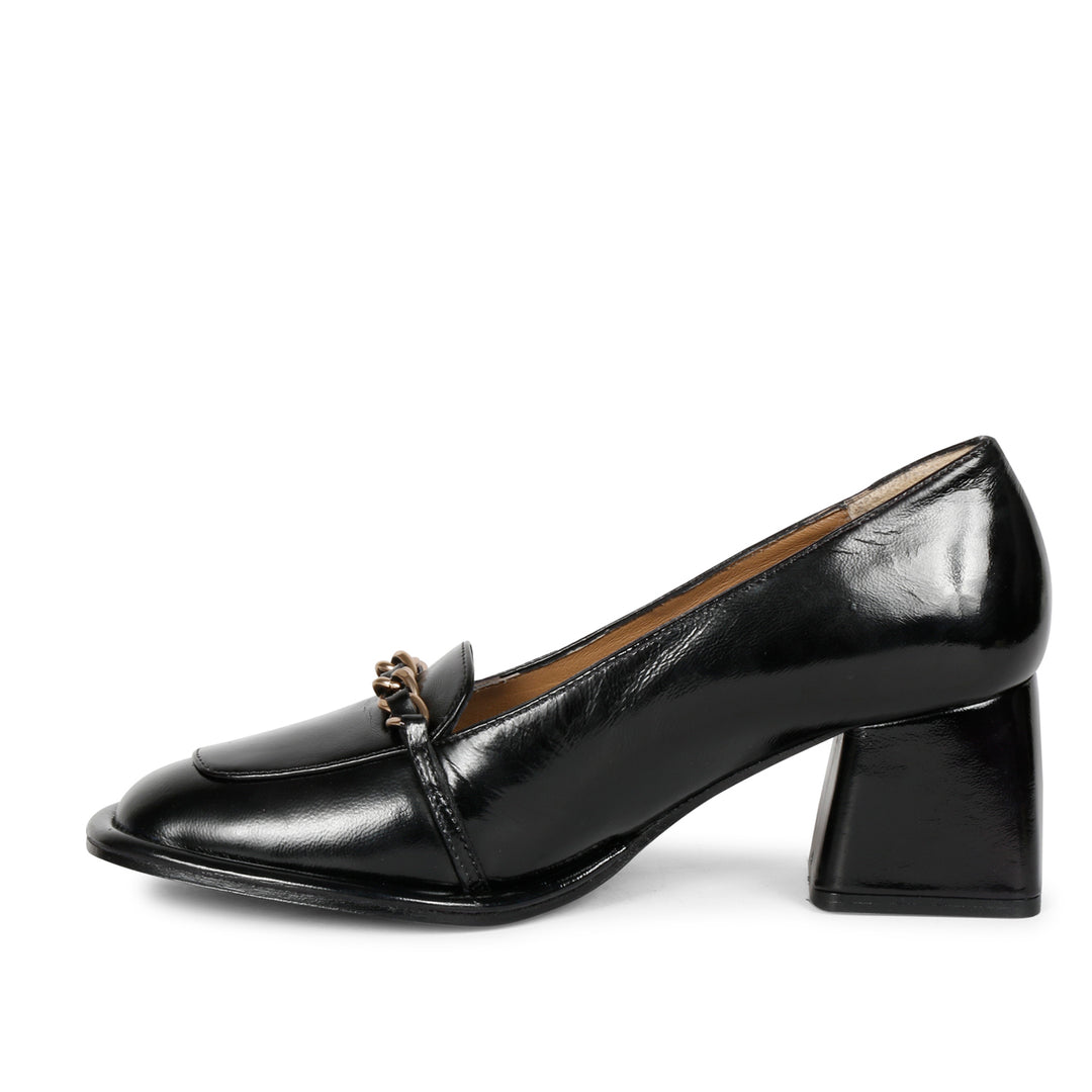 Ladies Women's Saint Mirielle black patent leather block-heel moccasins, alternate side view — best shoes UK