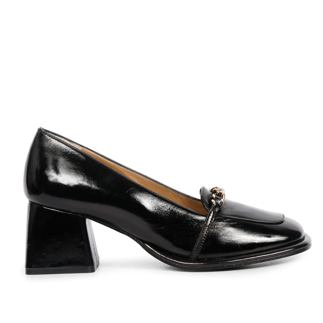 Best Saint Mirielle black patent leather block-heel moccasins, side profile view — Women's handcrafted shoes UK