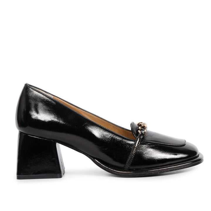 Best Saint Mirielle black patent leather block-heel moccasins, side profile view — Women's handcrafted shoes UK