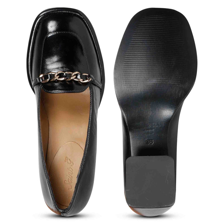 Women's Saint Mirielle black patent leather block-heel moccasins, sole and top view — best Ladies shoes UK