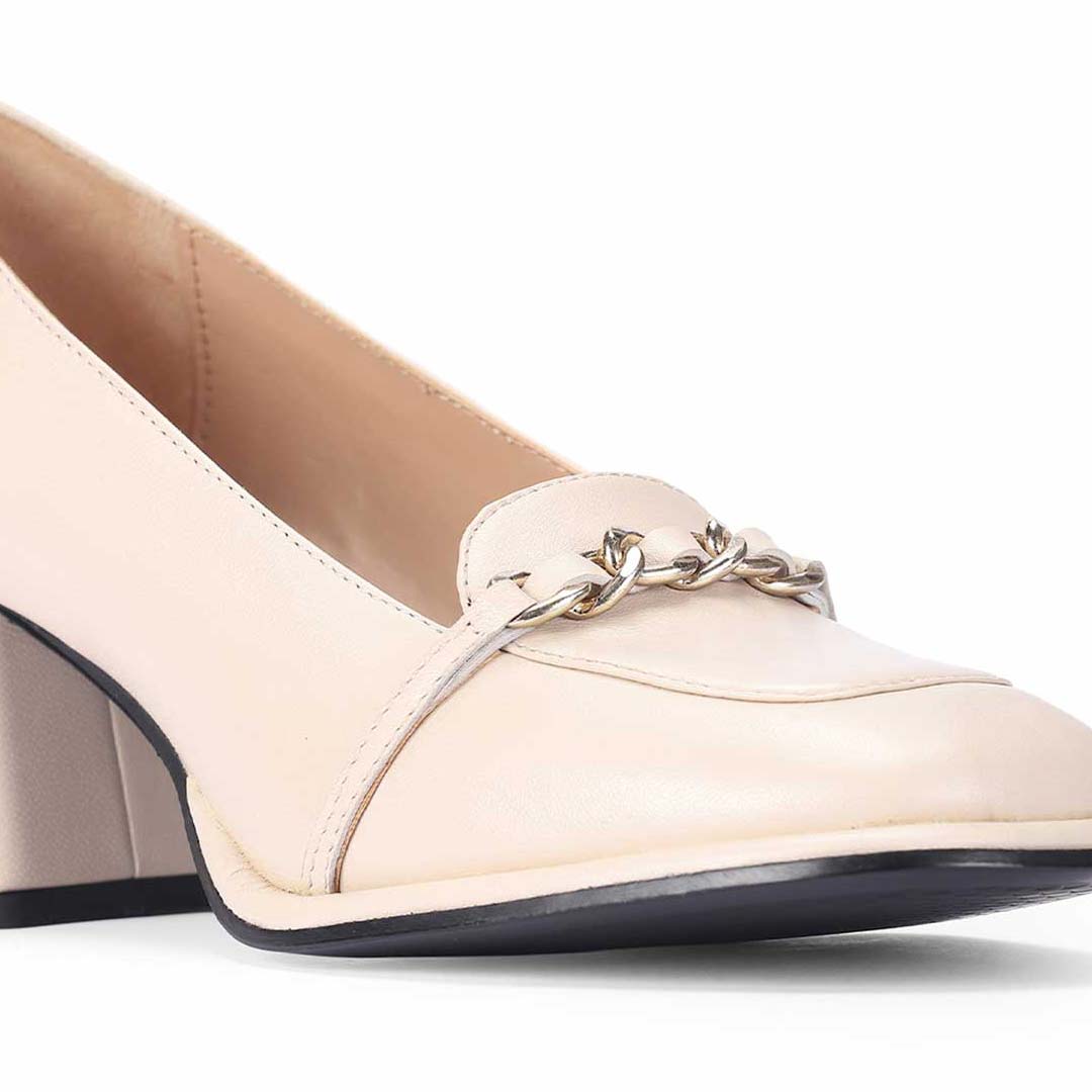 Ladies Women's Saint Mirielle ivory leather block-heel loafers, front detail of chain trim — best shoes UK