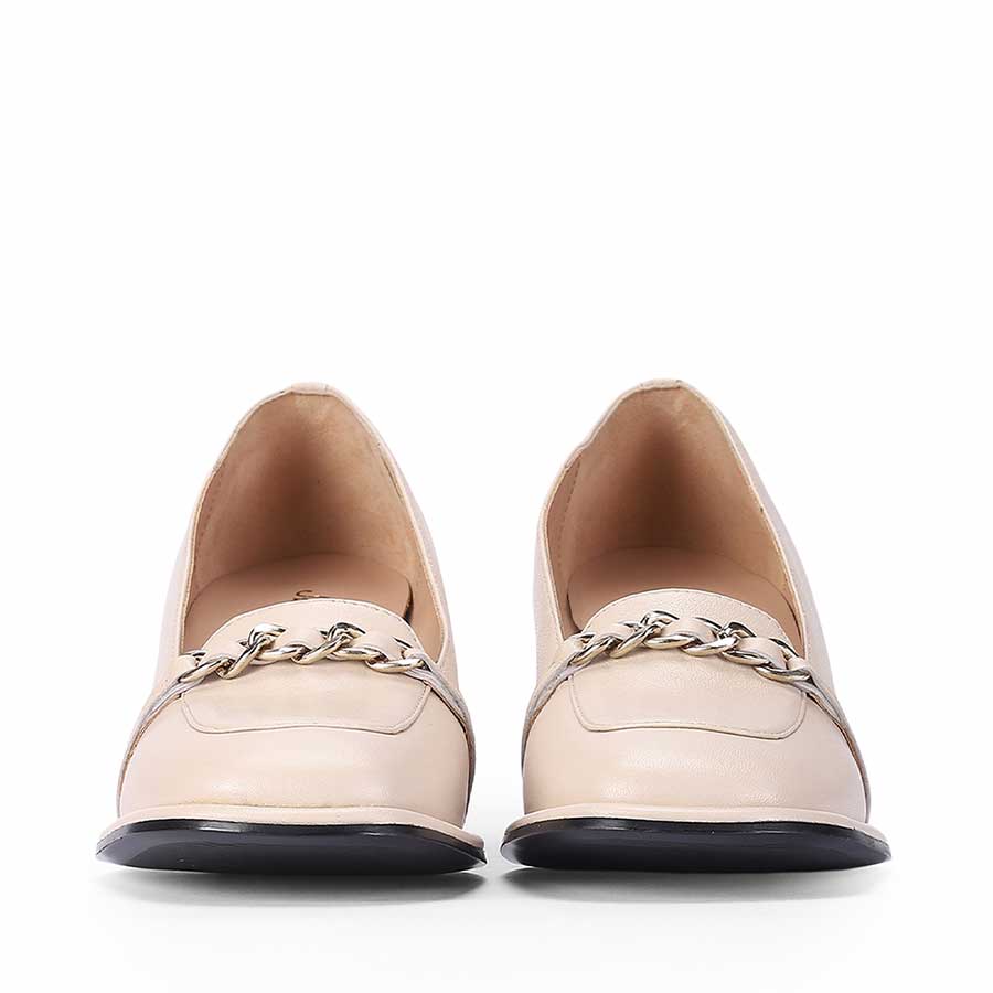 Best Ladies Saint Mirielle ivory leather block-heel loafers, front pair view with chain detail — Women's shoes UK