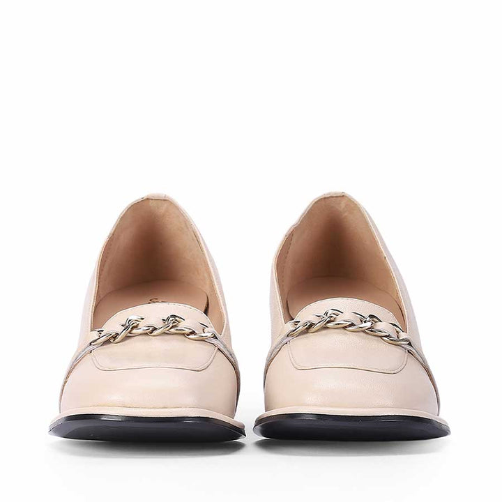 Best Ladies Saint Mirielle ivory leather block-heel loafers, front pair view with chain detail — Women's shoes UK