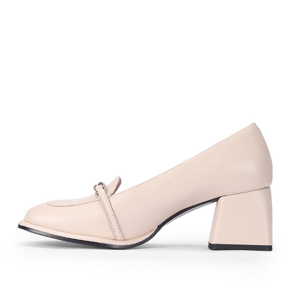 Saint Mirielle ivory leather block-heel loafers, close-up side detail of heel and strap — best Women's Ladies shoes UK