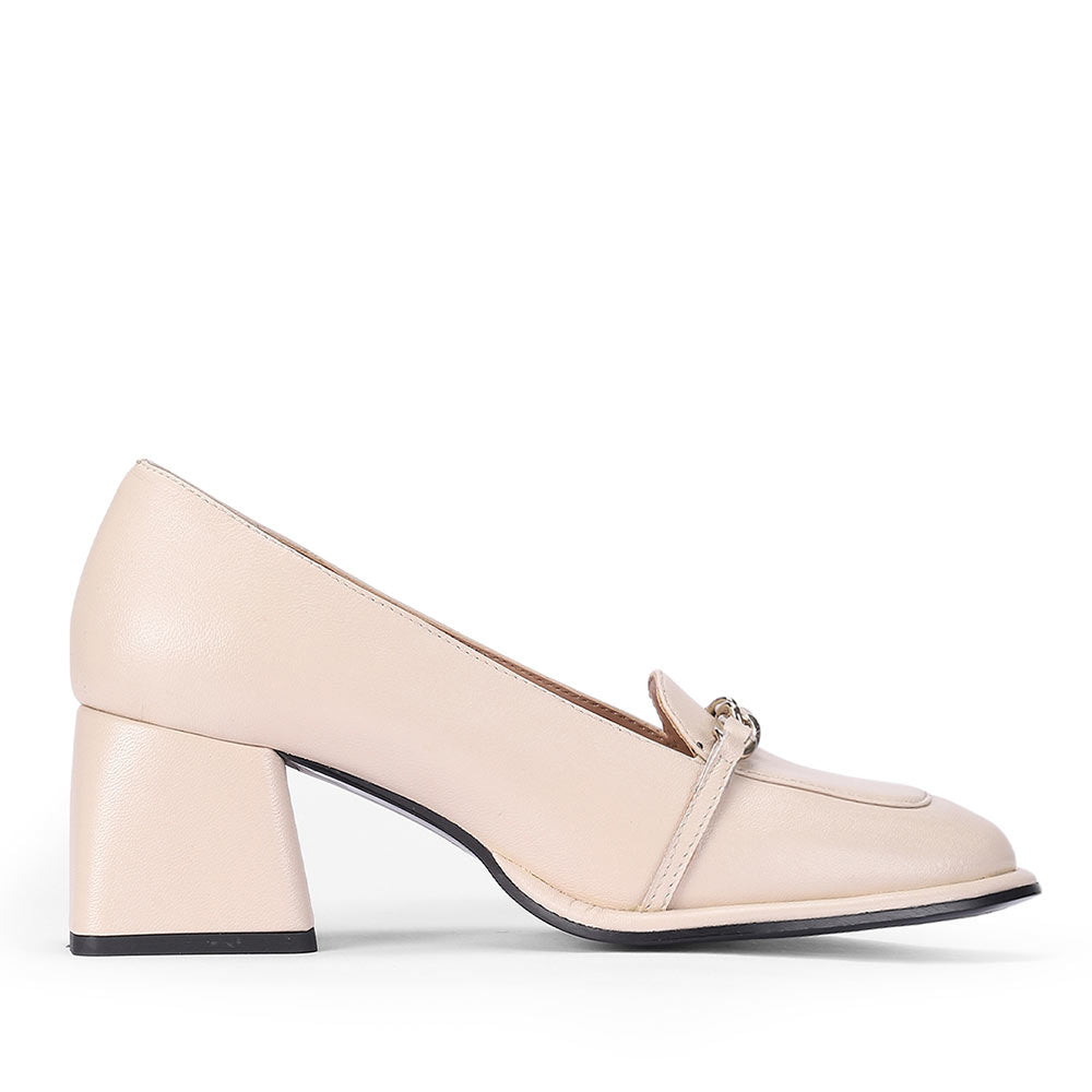 Best Saint Mirielle ivory leather block-heel loafers, side profile view — Women's handcrafted moccasin-style shoes UK
