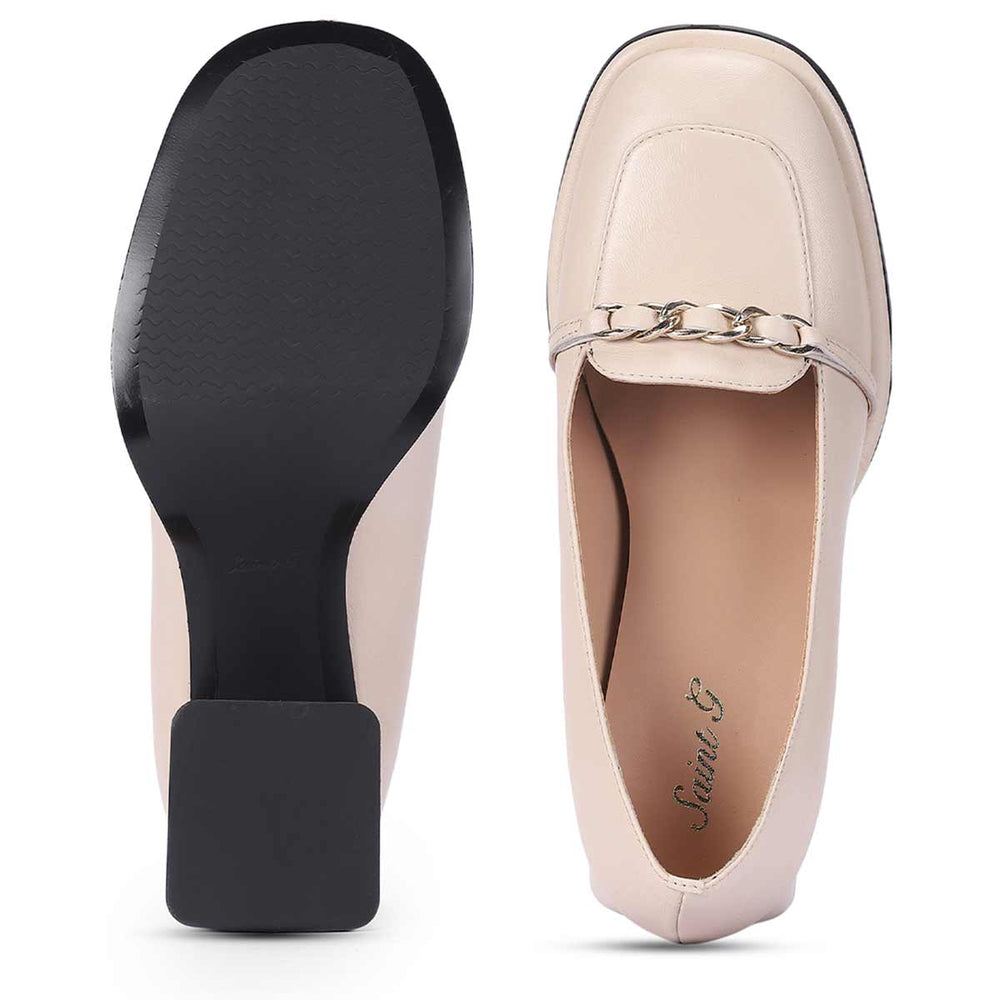 Ladies Saint Mirielle ivory leather block-heel loafers, sole and top view showing chain trim — best Women's shoes UK