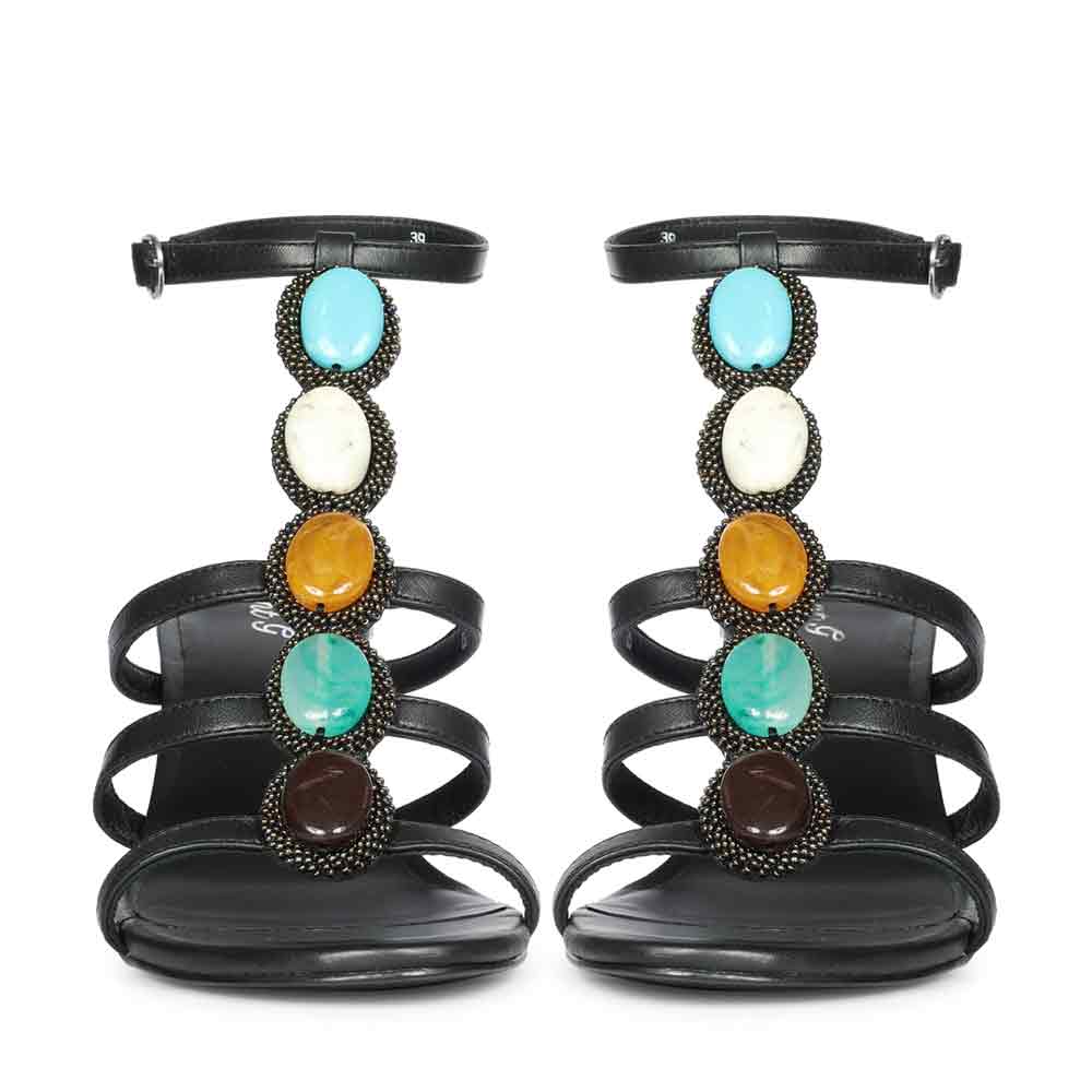 Saint Monroe black leather stilettos, front view of multi stone embellishment