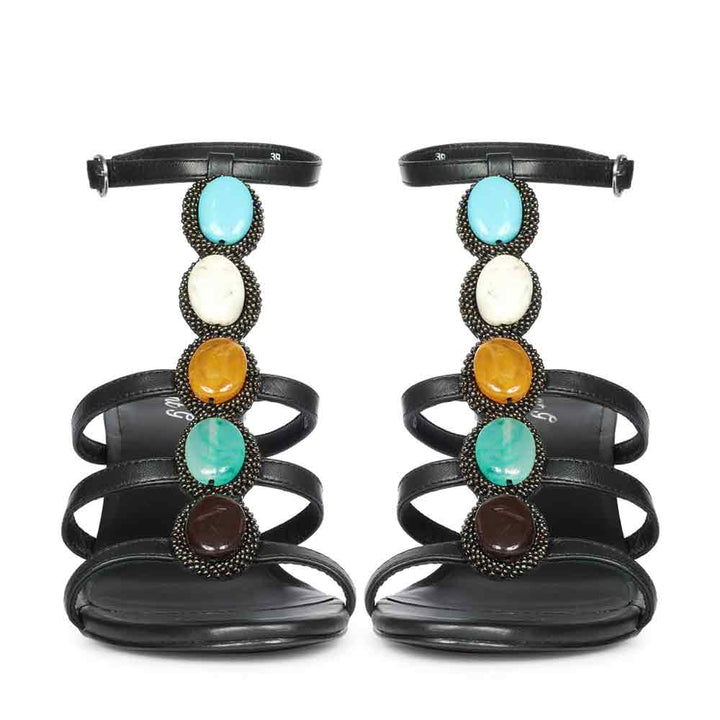Saint Monroe black leather stilettos, front view of multi stone embellishment