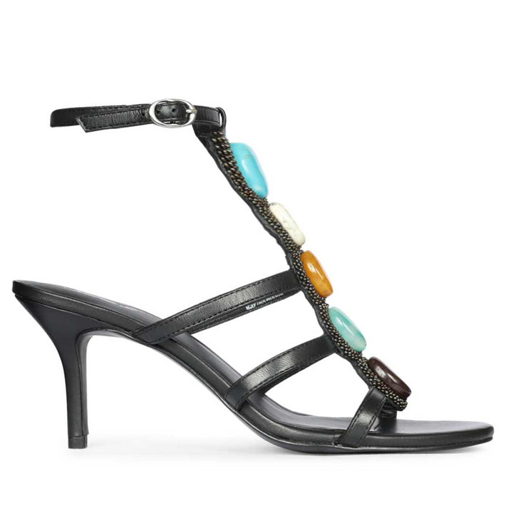 Saint Monroe multi stone embellished black leather stilettos, side view