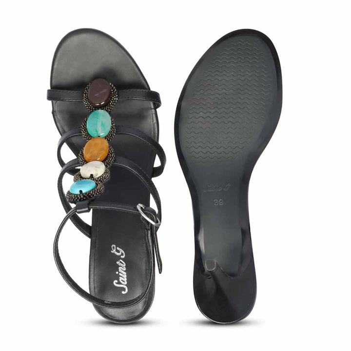 Saint Monroe multi stone embellished black leather stilettos, sole view