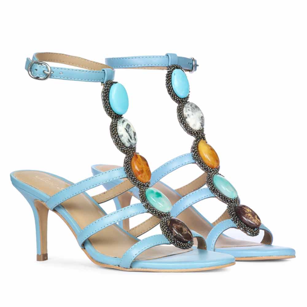 Saint Monroe blue leather stilettos, pair view showing multi stone embellishment