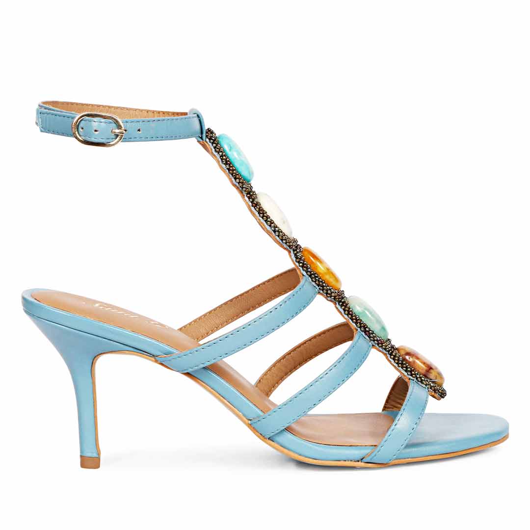 Saint Monroe multi stone embellished blue leather stilettos, side view