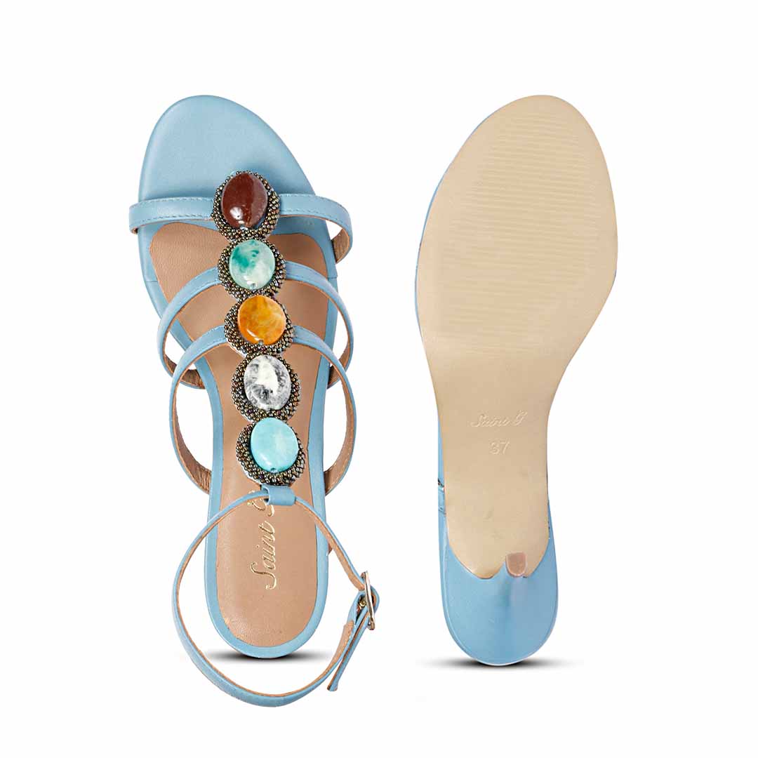 Saint Monroe multi stone embellished blue leather stilettos, sole view
