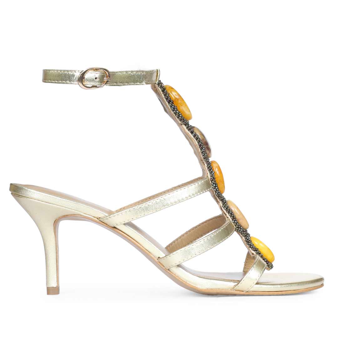 Saint Monroe multi stone embellished metallic gold leather stilettos, side view