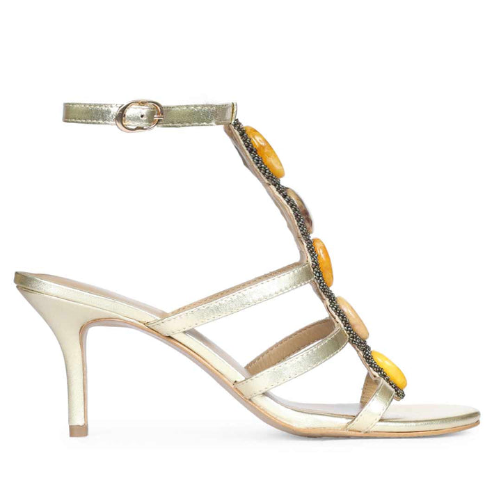 Saint Monroe multi stone embellished metallic gold leather stilettos, side view