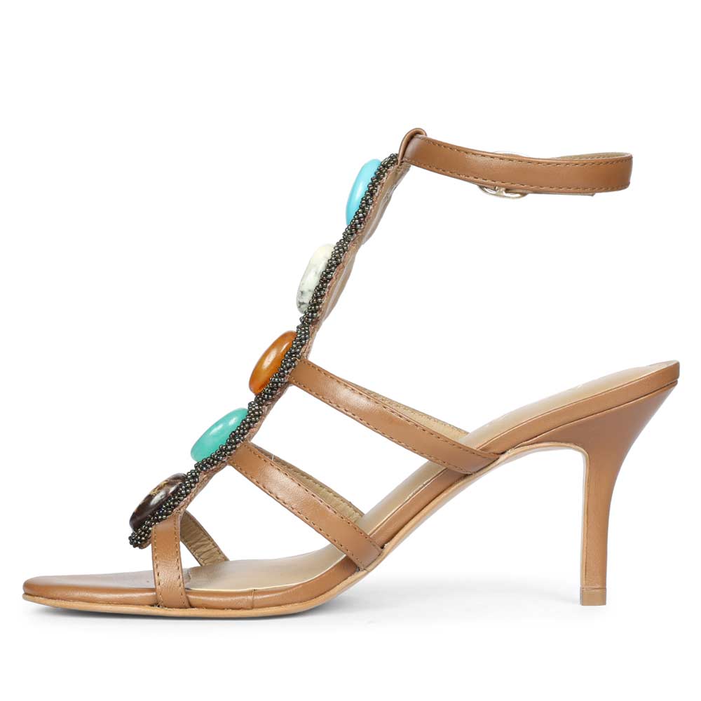 Saint Monroe multi stone embellished tan leather stilettos, angled view