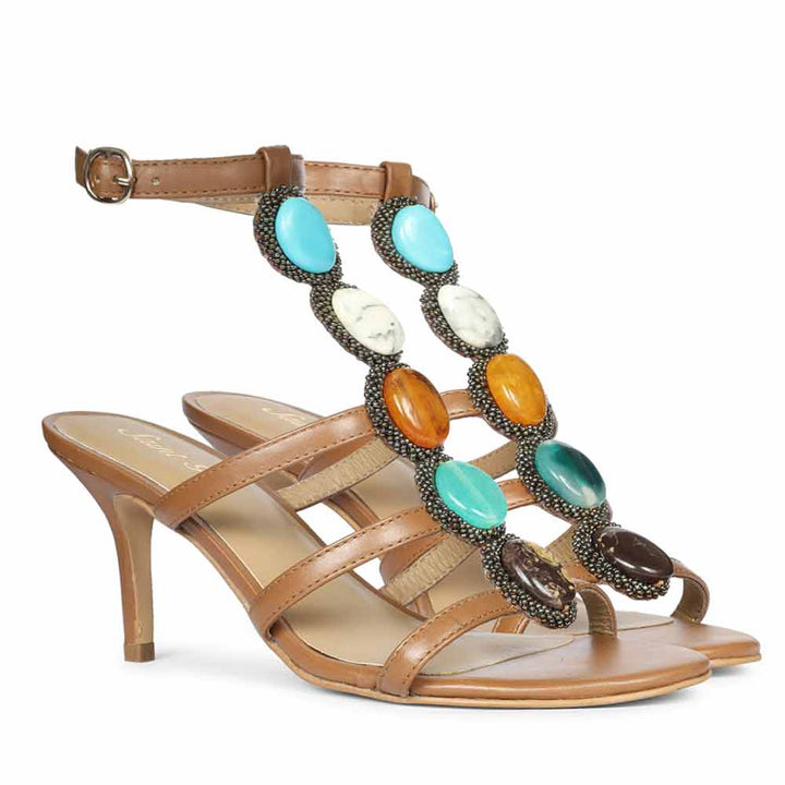 Saint Monroe tan leather stilettos with multi stone embellishment, lifestyle view
