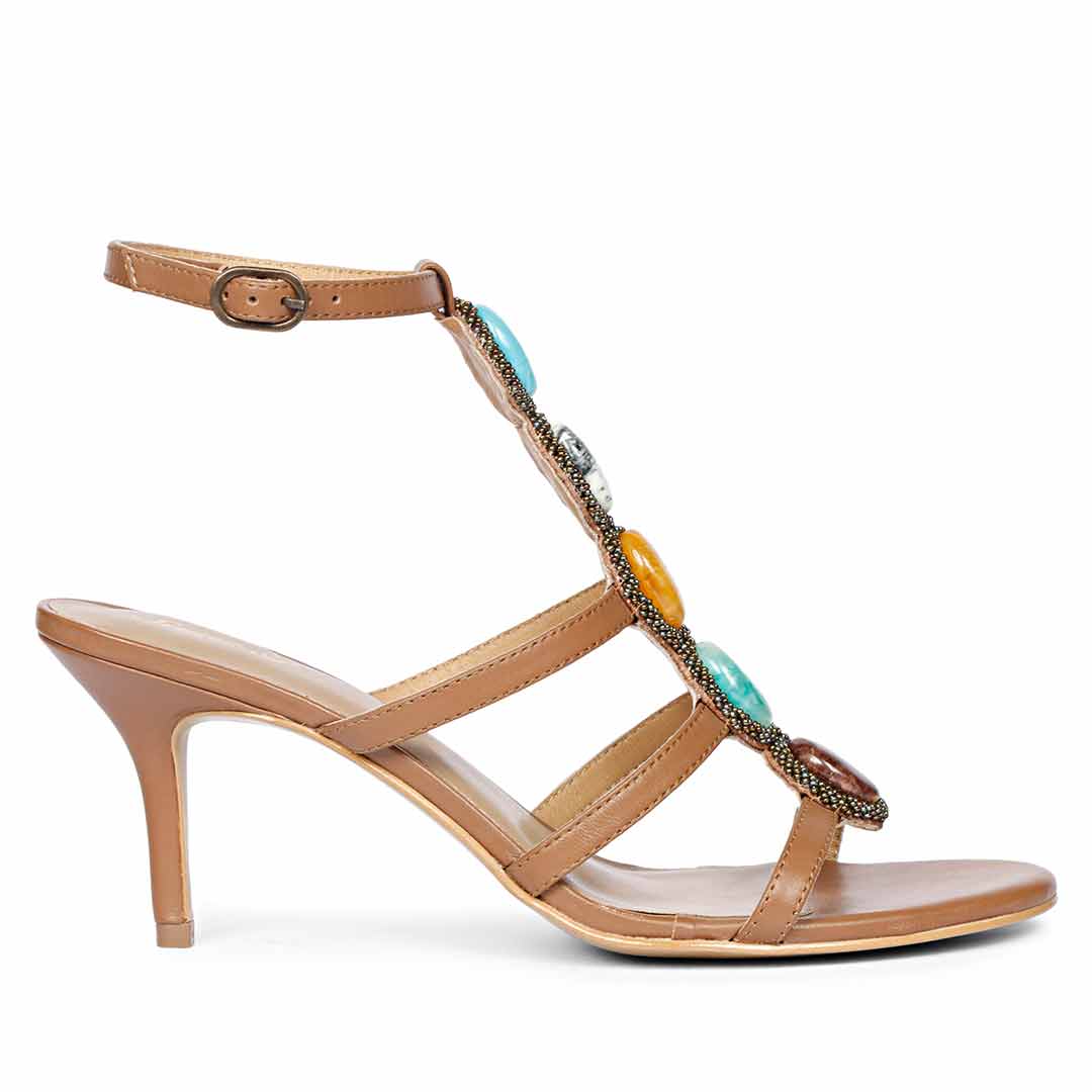 Saint Monroe multi stone embellished tan leather stilettos, side view