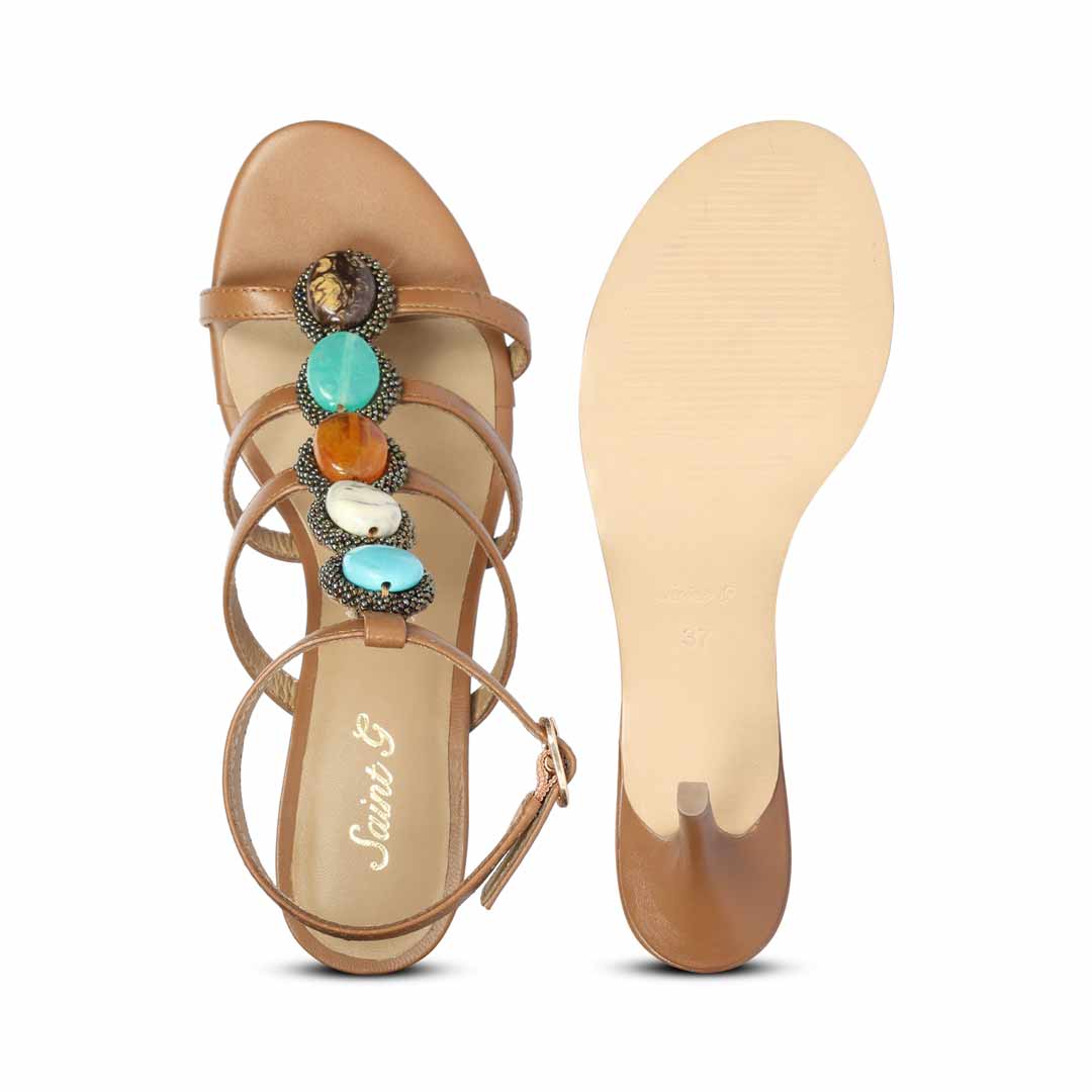 Saint Monroe multi stone embellished tan leather stilettos, sole view