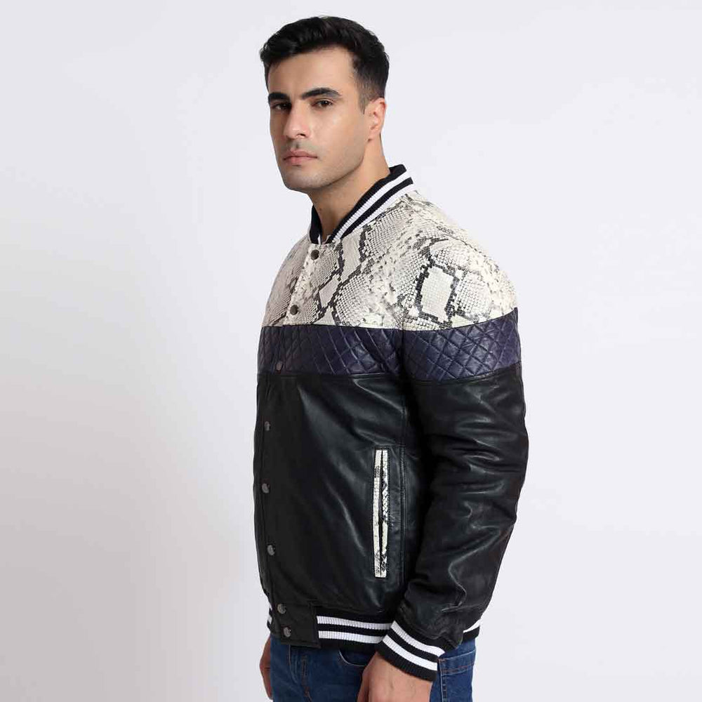 Side view of a colourblock bomber jacket with a python-print yoke and black leather body.