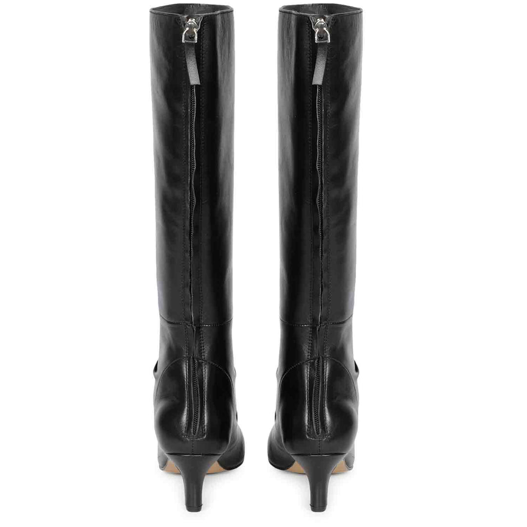 Saint Nadine black leather knee high boots, back pair view showing kitten heel