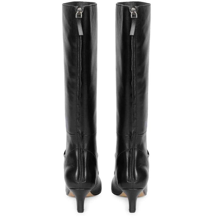 Saint Nadine black leather knee high boots, back pair view showing kitten heel