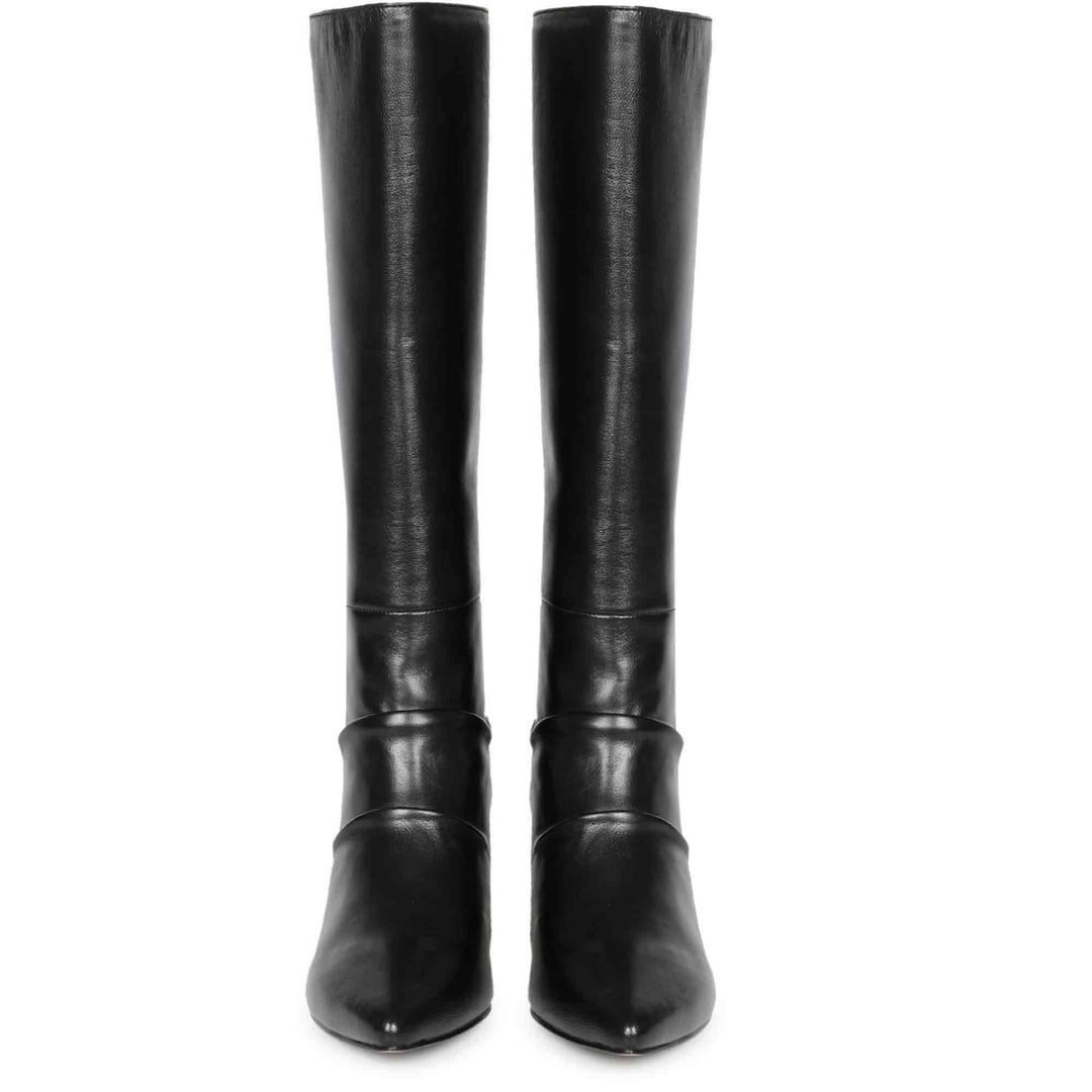 Women's black leather knee high boots, front pair view of slouchy silhouette
