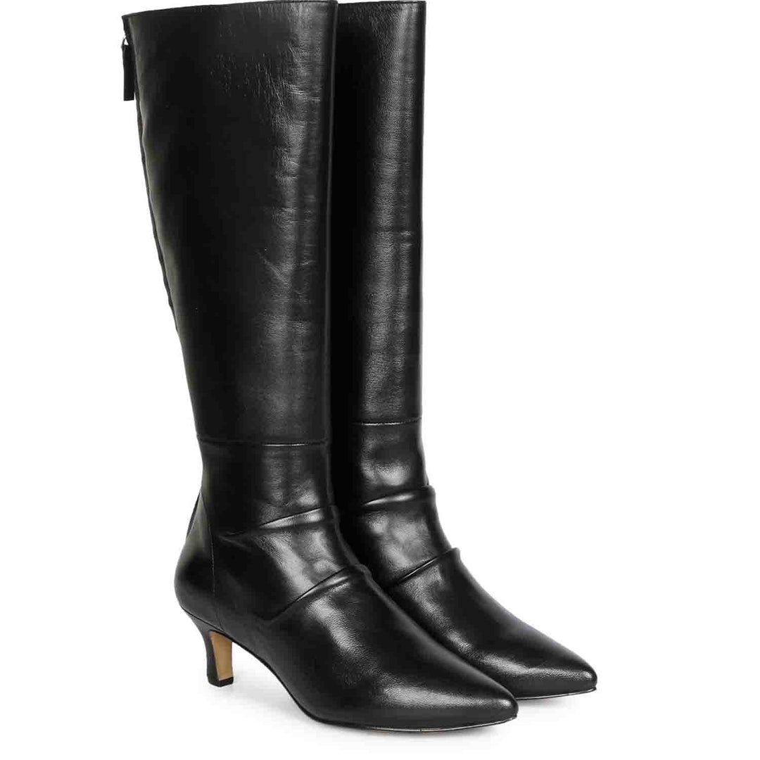 Black leather knee high boots for women UK, pair view showing slouchy shaft and kitten heel