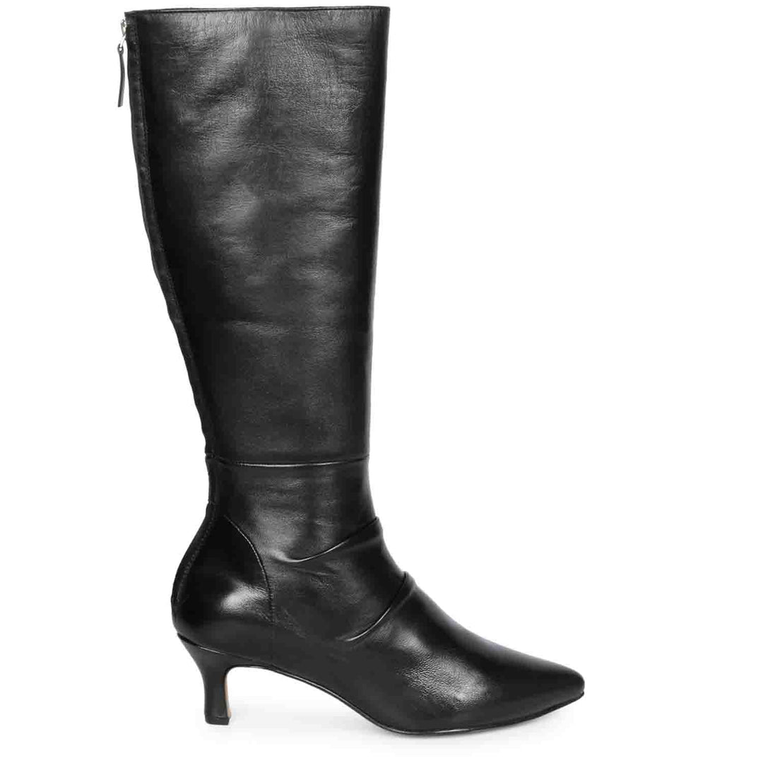 Saint Nadine black leather slouchy knee high boots for women, side view of kitten heel