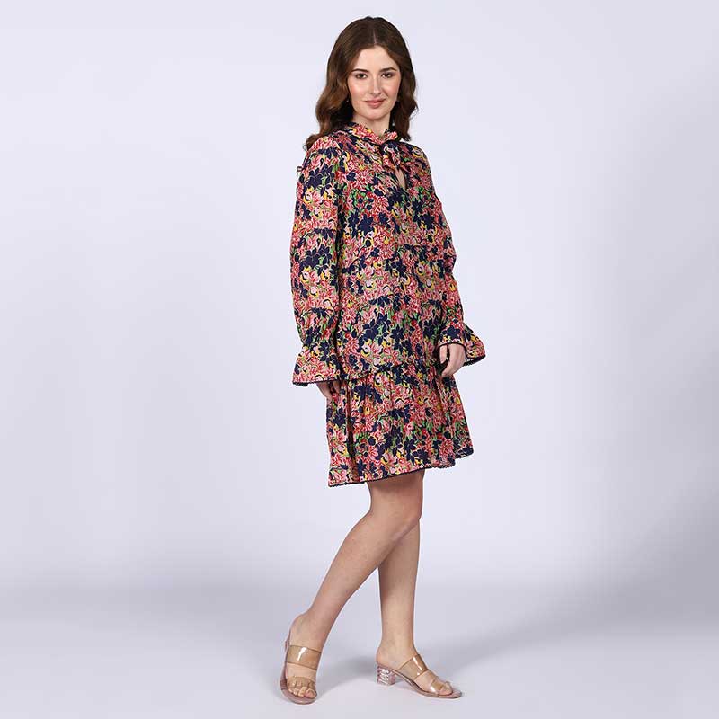 Saint Nerina blue multi bloom mini dress for women UK, three-quarter front view.